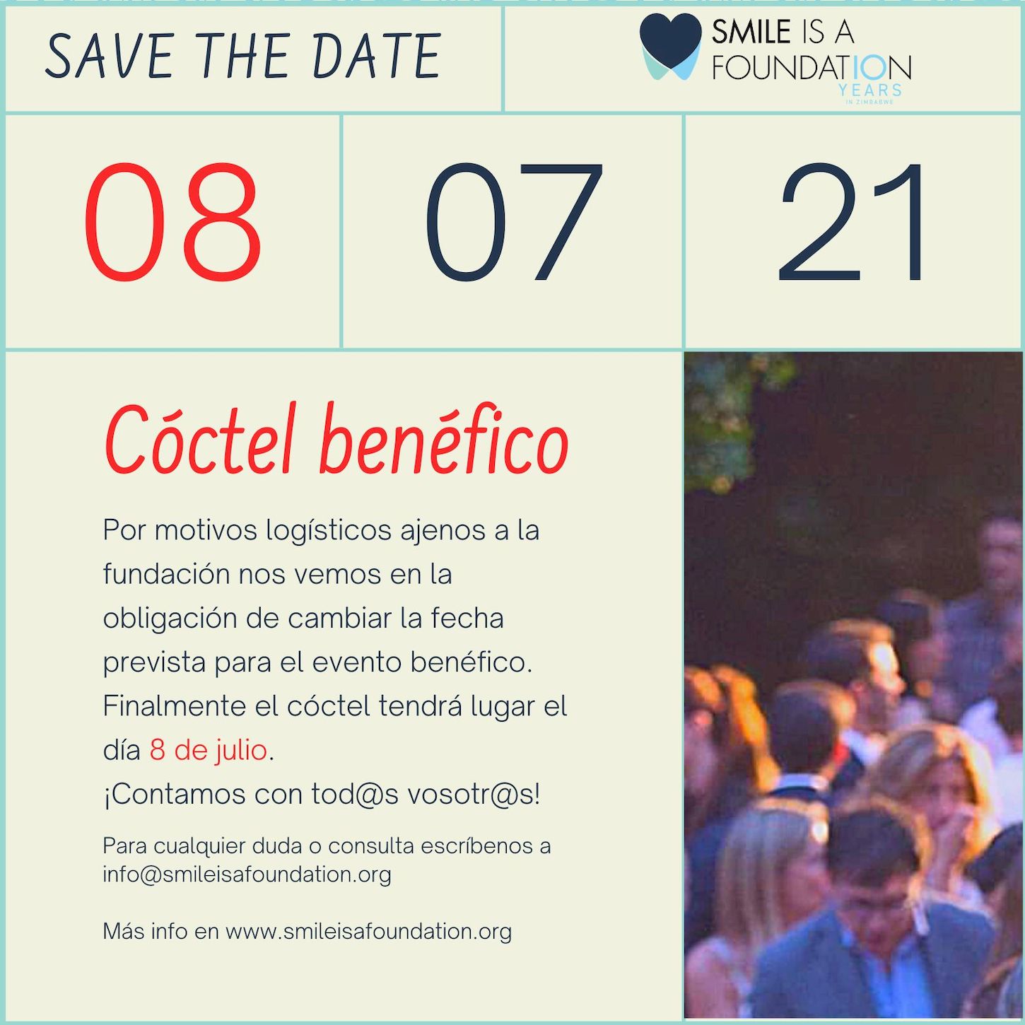 Save The Date 8 de julio de 2021 cóctel benéfico de Smile is a Foundation