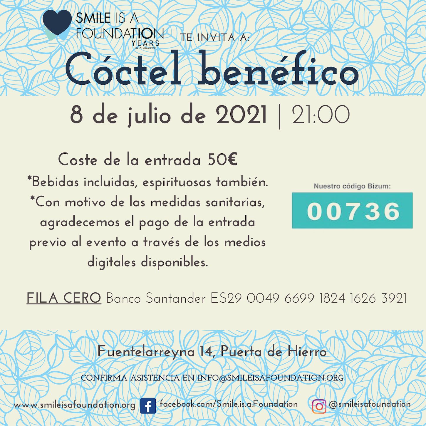 Save The Date 8 de julio de 2021 cóctel benéfico de Smile is a Foundation